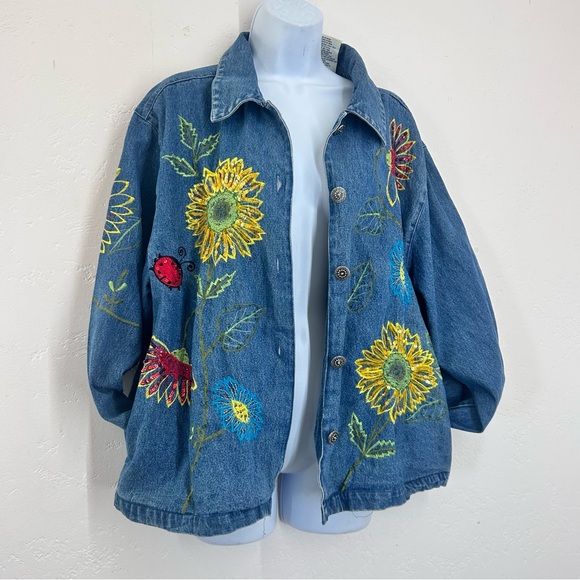 Vintage 90s Embroidered Sunflower Ladybug Denim Jacket Size L Blue Cottagecore - Picture 5 of 13